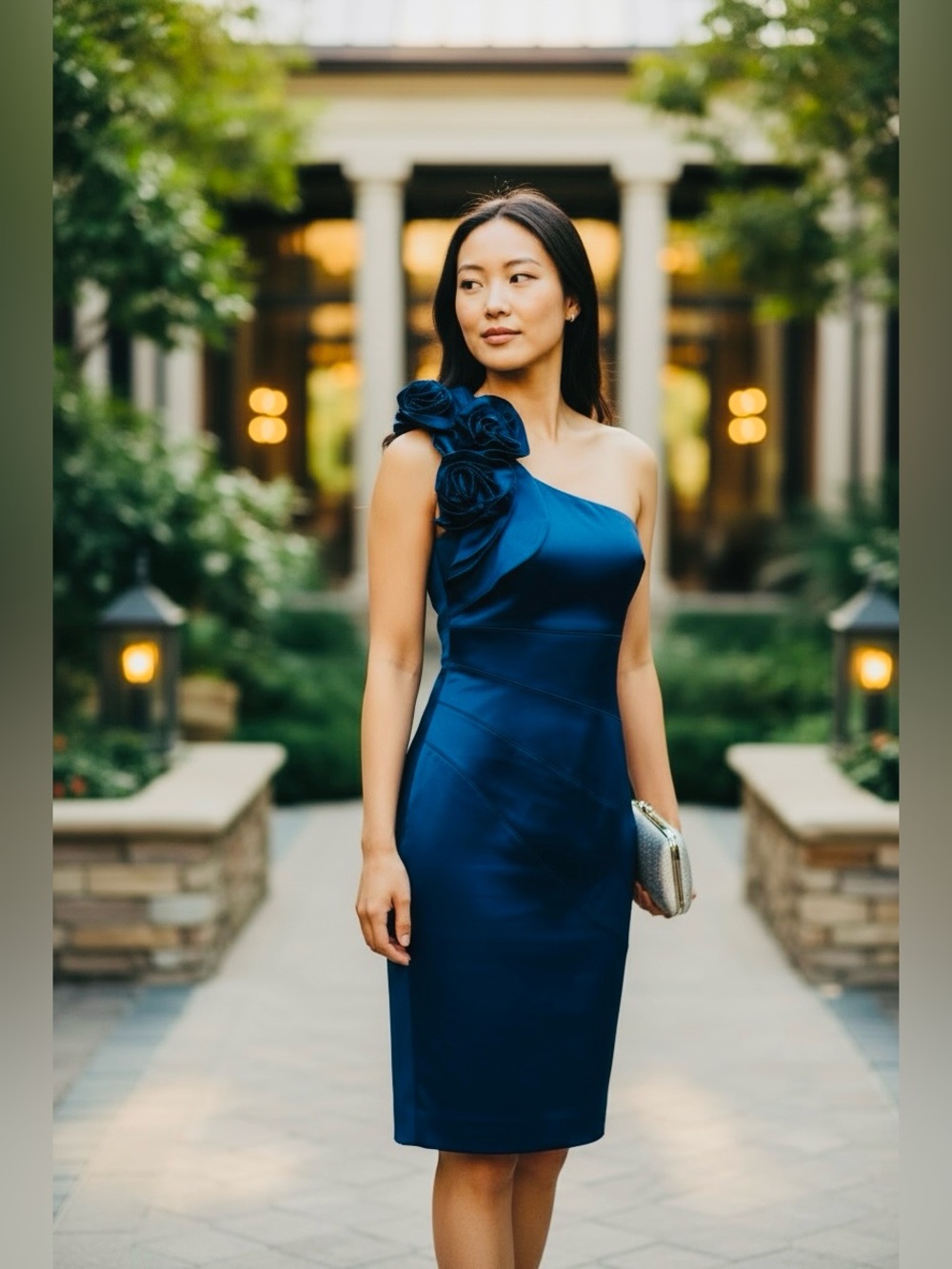 Jessica Simpson One-Shoulder Floral Applique Satin Dress in Deep Blue